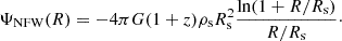 $$ \begin{aligned} \Psi _\mathrm{NFW} (R) = - 4\pi G (1+z) \rho _{\rm s} R_{\rm s}^2 \frac{\mathrm{ln} (1+R/R_{\rm s})}{R/R_{\rm s}}\cdot \end{aligned} $$