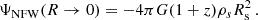 $$ \begin{aligned} \Psi _\mathrm{NFW} (R \rightarrow 0) = - 4\pi G (1+z) \rho _s R_{\rm s}^2\,. \end{aligned} $$