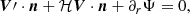 $$ \begin{aligned} \boldsymbol{V}\prime \cdot \boldsymbol{n} + \mathcal{H} \boldsymbol{V}\cdot \boldsymbol{n} + \partial _r\Psi = 0, \end{aligned} $$