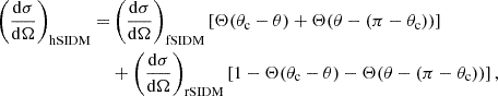 $$ \begin{aligned} \begin{split} \left(\frac{\mathrm{d} \sigma }{\mathrm{d} \Omega }\right)_{\mathrm{hSIDM} } =&\left(\frac{\mathrm{d} \sigma }{\mathrm{d} \Omega }\right)_{\mathrm{fSIDM} } \left[ \Theta (\theta _{\mathrm{c} } - \theta )+ \Theta (\theta - (\pi - \theta _{\mathrm{c} })) \right] \\&+ \left(\frac{\mathrm{d} \sigma }{\mathrm{d} \Omega }\right)_{\mathrm{rSIDM} } \left[ 1-\Theta (\theta _{\mathrm{c} } - \theta )- \Theta (\theta - (\pi - \theta _{\mathrm{c} })) \right], \end{split} \end{aligned} $$
