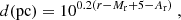 $$ \begin{aligned} d (\mathrm{pc}) = 10^{0.2 (r - M_{\mathrm{r}} + 5 - A_{\mathrm{r}})} ~, \end{aligned} $$