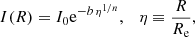 $$ \begin{aligned} I(R) =I_0\mathrm{e}^{-b\, \eta ^{1/n}},\quad \eta \equiv {R\over R_{\rm {e}}}, \end{aligned} $$