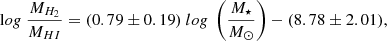 $$ \begin{aligned} \mathrm log~\frac{M_{H_2}}{M_{HI}}=(0.79\pm 0.19)~log~\left(\frac{M_{\star }}{M_\odot }\right)-(8.78\pm 2.01), \end{aligned} $$