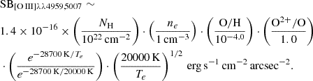 $$ \begin{aligned} \begin{aligned}&\mathrm{SB}_{\mathrm{[O\,III]\lambda \lambda 4959,5007}} \sim \\&1.4 \times 10^{-16} \times \left(\frac{N_{\rm H}}{10^{22}\,\mathrm{cm^{-2}}}\right) \cdot \left(\frac{n_e}{1\,\mathrm{cm^{-3}}}\right) \cdot \left(\frac{\mathrm{O/H}}{10^{-4.0}}\right) \cdot \left(\frac{\mathrm{O^{2+}/O}}{1.0}\right) \\&\cdot \left(\frac{e^{-28700\,\mathrm{K}/T_e}}{e^{-28700\,\mathrm{K}/20000\,\mathrm{K}}}\right) \cdot \left(\frac{20000\,\mathrm{K}}{T_e}\right)^{1/2}\,\mathrm{erg\,s^{-1}\,cm^{-2}\,arcsec^{-2}}. \end{aligned} \end{aligned} $$