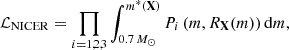 $$ \begin{aligned} \mathcal{L} _{\rm NICER} = \prod _{i=1,2,3} \int _{0.7\,M_\odot }^{m^*(\mathbf X )} P_{i}\left(m,R_\mathbf{X }(m)\right)\mathrm{d}m, \end{aligned} $$