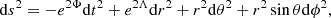 $$ \begin{aligned} \mathrm{d}s^2=-e^{2\Phi }\mathrm{d}t^2+e^{2\Lambda }\mathrm{d}r^2+r^2\mathrm{d}\theta ^2+r^2 \sin \theta \mathrm{d}\phi ^2, \end{aligned} $$