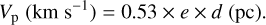 ${V_{\rm{p}}}\left( {{\rm{km}}{{\rm{s}}^{ - 1}}} \right) = 0.53 \times e \times d({\rm{pc}}).$