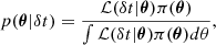 $$ \begin{aligned} p(\boldsymbol{\theta }|\delta t) = \frac{\mathcal{L} (\delta t|\boldsymbol{\theta })\pi (\boldsymbol{\theta })}{\int \mathcal{L} (\delta t|\boldsymbol{\theta })\pi (\boldsymbol{\theta })d\theta } ,\end{aligned} $$