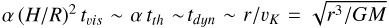 $\alpha {(H/R)^2}{t_{vis}}\~\alpha {t_{th}}\~{t_{dyn}}\~r/{\v _K} = \sqrt {{r^3}/GM} $