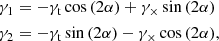 $$ \begin{aligned} \begin{aligned} \gamma _1&= - \gamma _{\mathrm{t} } \cos {(2 \alpha )} + \gamma _{\times } \sin {(2 \alpha )} \\ \gamma _2&= - \gamma _{\mathrm{t} } \sin {(2 \alpha )} - \gamma _{\times } \cos {(2 \alpha )}, \end{aligned} \end{aligned} $$