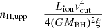 $$ \begin{aligned} n_{\rm H, upp} = \frac{L_{\rm ion}{v_{\rm out}^4}}{{4(GM_{\rm BH})^2}\xi } \end{aligned} $$