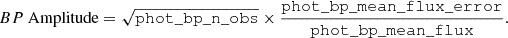 $$ \begin{aligned} BP\ \mathrm{Amplitude} = \sqrt{\mathtt{phot\_bp\_n\_obs}} \times \frac{\mathtt{phot\_bp\_mean\_flux\_error}}{\mathtt{phot\_bp\_mean\_flux}}. \end{aligned} $$
