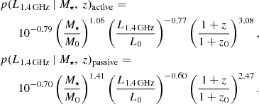 $$ \begin{aligned}&p(L_{\rm 1.4\, GHz}\ |\ M_{\star },\ z)_{\rm active} = \nonumber \\&\qquad 10^{-0.79} \left(\frac{M_{\star }}{M_0}\right)^{1.06} \left(\frac{L_{\rm 1.4\, GHz}}{L_0}\right)^{-0.77} \left(\frac{1+z}{1+z_0}\right)^{3.08}, \nonumber \\&p(L_{\rm 1.4\, GHz}\ |\ M_{\star },\ z)_{\rm passive} =\nonumber \\&\qquad 10^{-0.70} \left(\frac{M_{\star }}{M_0}\right)^{1.41} \left(\frac{L_{\rm 1.4\, GHz}}{L_0}\right)^{-0.60} \left(\frac{1+z}{1+z_0}\right)^{2.47}. \end{aligned} $$