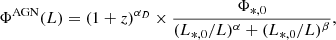 $$ \begin{aligned} \Phi ^\mathrm{AGN}(L) = (1+z)^{\alpha _{D}}\times \frac{\Phi _{*,0}}{(L_{*,0}/L)^{\alpha }+(L_{*,0}/L)^{\beta }} ,\end{aligned} $$