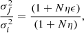 $$ \begin{aligned} \frac{\sigma _f^2}{\sigma _i^2}&= \frac{(1+N \eta \epsilon )}{(1+ N \eta )}, \end{aligned} $$