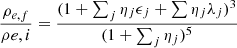 $$ \begin{aligned} \frac{\rho _{e,f}}{\rho {e,i}}&= \frac{(1+\sum _j \eta _j \epsilon _j + \sum \eta _j \lambda _j)^3}{(1+ \sum _j \eta _j)^5} \end{aligned} $$
