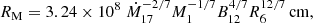 $$ \begin{aligned} R_{\rm M}&= 3.24 \times 10^{8}\; \dot{M}_{17}^{-2/7} M_{1}^{-1/7} B_{12}^{4/7} R_6^{12/7}\,\mathrm{cm} ,\end{aligned} $$