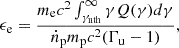 $$ \begin{aligned} \epsilon _{\rm e}=\frac{m_{\rm e}c^2\int _{\gamma _{\rm nth}}^{\infty }\gamma Q(\gamma )d\gamma }{\dot{n}_{\rm p} m_{\rm p} c^2 (\Gamma _{\rm u} -1)}, \end{aligned} $$