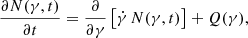 $$ \begin{aligned} \frac{\partial N(\gamma ,t)}{\partial t}=\frac{\partial }{\partial \gamma }\left[ \dot{\gamma } \, N(\gamma ,t)\right] + Q(\gamma ), \end{aligned} $$
