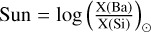 ${\rm{Sun}} = \log {\left( {{{{\rm{X(Ba)}}} \over {{\rm{X(Si)}}}}} \right)_ \odot }$