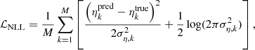 $$ \begin{aligned} \mathcal{L} _{\mathrm{NLL} } = \frac{1}{M} \sum _{k=1}^{M} \left[\frac{\left(\eta _k^\mathrm{pred} - \eta _k^\mathrm{true}\right)^2}{2 \sigma _{\eta , k}^2} + \frac{1}{2} \log (2 \pi \sigma _{\eta , k}^2)\right], \end{aligned} $$