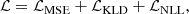 $$ \begin{aligned} \mathcal{L} = \mathcal{L} _{\mathrm{MSE} } + \mathcal{L} _{\mathrm{KLD} } + \mathcal{L} _{\mathrm{NLL} }, \end{aligned} $$