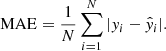 $$ \begin{aligned} \mathrm{MAE} = \frac{1}{N} \sum _{i=1}^{N} |y_i - \hat{y}_i|. \end{aligned} $$
