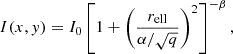 $$ \begin{aligned} I(x, y) = I_0 \left[ 1 + \left( \frac{r_{\mathrm{ell} }}{\alpha / \sqrt{q}} \right)^2 \right]^{-\beta }, \end{aligned} $$