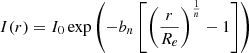 $$ \begin{aligned} I(r) = I_0 \exp \left( -b_n \left[ \left(\frac{r}{R_e}\right)^{\frac{1}{n}} - 1 \right] \right) \end{aligned} $$