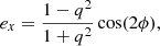 $$ \begin{aligned} e_x&= \frac{1 - q^2}{1 + q^2} \cos (2\phi ),\end{aligned} $$