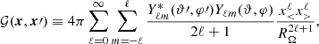 $$ \begin{aligned} {\mathcal{G} }(\boldsymbol{x},\boldsymbol{x}\prime ) \equiv 4\pi \sum ^\infty _{\ell =0} \sum _{m=-\ell }^\ell \frac{Y_{\ell m}^{*} (\vartheta \prime ,\varphi \prime ) Y_{\ell m} (\vartheta ,\varphi )}{2\ell + 1} \frac{x_{ < }^\ell x_{>}^\ell }{{{R}}^{2\ell + 1}_\Omega }, \end{aligned} $$