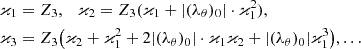 $$ \begin{aligned} \varkappa _1&= Z_3,~~~\varkappa _2 = Z_3 (\varkappa _1 + |({\lambda _\theta })_0|\cdot \varkappa _1^2), \\ \varkappa _3&= Z_3 \big ( \varkappa _2 +\varkappa _1^2 + 2 |({\lambda _\theta })_0|\cdot \varkappa _1 \varkappa _2 + |({\lambda _\theta })_0| \varkappa _1^3 \big ),\ldots \nonumber \end{aligned} $$