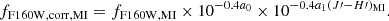 $$ \begin{aligned} f_{\rm F160W,corr,MI}=f_{\rm F160W,MI}\times 10^{-0.4a_{0}}\times 10^{-0.4a_{1}(J\prime -H\prime )_{\rm MI}}. \end{aligned} $$