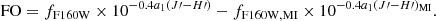 $$ \begin{aligned} \mathrm{FO}=f_{\rm F160W}\times 10^{-0.4a_{1}(J\prime -H\prime )}-f_{\rm F160W,MI}\times 10^{-0.4a_{1}(J\prime -H\prime )_{\rm MI}}. \end{aligned} $$