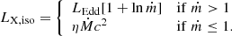 $$ \begin{aligned} L_{\rm X,iso} = {\left\{ \begin{array}{ll} L_{\rm Edd}[1+\ln \dot{m}]&\mathrm{if}\; \dot{m} > 1 \\ \eta \dot{M}c^2&\mathrm{if}\; \dot{m} \le 1. \end{array}\right.} \end{aligned} $$