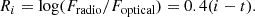 $$ \begin{aligned} {R_{i} = \log (F_{\rm radio}/F_{\rm optical}) = 0.4 (i - t)} .\end{aligned} $$