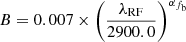 $$ \begin{aligned} B = 0.007 \times \left( \frac{\lambda _{\rm RF}}{2900.0} \right)^{\alpha _{f_{\rm b}}} \end{aligned} $$