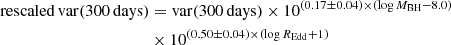 $$ \begin{aligned} \mathrm{rescaled\,var(300\,days)}&= \mathrm{var(300\,days)} \times 10^{(0.17 \pm 0.04) \times (\log {M_{\rm BH}} - 8.0)} \nonumber \\&\times 10^{(0.50 \pm 0.04) \times (\log {R_{\rm Edd}} + 1)} \end{aligned} $$