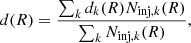 $$ \begin{aligned} d(R)&= \frac{\sum _k d_k(R) N_{\mathrm{inj},k}(R)}{\sum _kN_{\mathrm{inj},k}(R)}, \end{aligned} $$