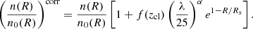 $$ \begin{aligned} \left(\frac{n(R)}{n_0(R)}\right)^\mathrm{corr}=\frac{n(R)}{n_0(R)}\left[1+f(z_{\rm cl})\left(\frac{\lambda }{25}\right)^{\alpha }e^{1-R/R_{\rm s}}\right]. \end{aligned} $$