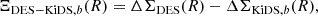 $$ \begin{aligned} \Xi _{\mathrm{DES-KiDS},b}(R) = \Delta \Sigma _{\rm DES}(R) - \Delta \Sigma _{\mathrm{KiDS},b}(R), \end{aligned} $$