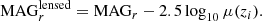 $$ \begin{aligned} \mathrm{MAG}_r^\mathrm{lensed}=\mathrm{MAG}_r-2.5\log _{10}\mu (z_i). \end{aligned} $$