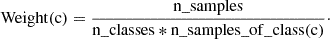 $$ \begin{aligned} \mathrm{Weight(c)} = \frac{\mathrm{n\_samples}}{\mathrm{n\_classes} * \mathrm{n\_samples\_of\_class(c)}}\cdot \end{aligned} $$
