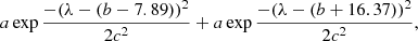 $$ \begin{aligned} a\exp {\frac{-(\lambda -(b-7.89))^2}{2c^2}}+a\exp {\frac{-(\lambda -(b+16.37))^2}{2c^2}}, \end{aligned} $$