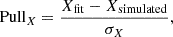 $$ \begin{aligned} \mathrm{Pull}_X = \frac{{X}_{\mathrm{fit}}-{X}_{\mathrm{simulated}}}{\sigma _{X}}, \end{aligned} $$