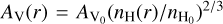 ${A_{\rm{V}}}(r) = {A_{{{\rm{V}}_0}}}{\left( {{n_{\rm{H}}}(r)/{n_{{{\rm{H}}_0}}}} \right)^{2/3}}$
