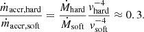 $$ \begin{aligned} \frac{\dot{m}_{\rm accr, hard}}{\dot{m}_{\rm accr, soft}} = \frac{\dot{M}_{\rm hard}}{\dot{M}_{\rm soft}} \frac{v_{\rm hard}^{-4}}{v_{\rm soft}^{-4}} \approx 0.3 .\end{aligned} $$
