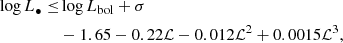 $$ \begin{aligned} \log L_\bullet \le&\log L_{\rm bol} + \sigma \nonumber \\&-1.65 - 0.22\mathcal{L} - 0.012\mathcal{L} ^2 + 0.0015\mathcal{L} ^3, \end{aligned} $$