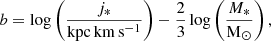 $$ \begin{aligned} b=\log \left(\dfrac{j_*}{\mathrm{kpc\,km\,s^{-1}}}\right) - \dfrac{2}{3}\log \left(\dfrac{M_*}{\mathrm{M}_{\odot }}\right),\end{aligned} $$