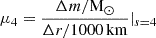 $ \mu_4 = \frac{\Delta m/{\mathrm{M}_\odot}}{\Delta r/1000\,\mathrm{km}}\rvert_{s=4} $